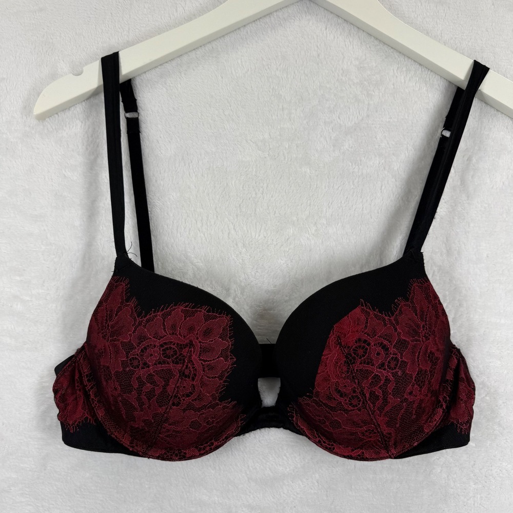 Victorias Secret Push Up Bra 34C Black Red Metallic‎ Floral Lace READ